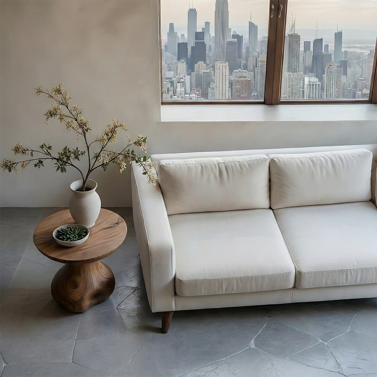 Designed with a walnut color surface, the end table offers soft curves and clean structure