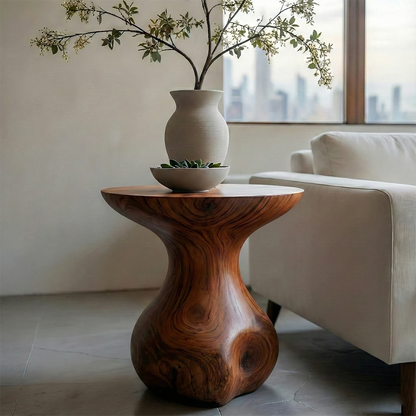 Featuring a brown color side table with sculptural base and open shelf for decor display