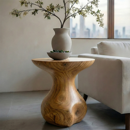 In a warm interior, the oak color end table highlights a smooth surface and modern look