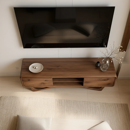 In a bright living space, the walnut color TV stand offers a refined surface and subtle grain