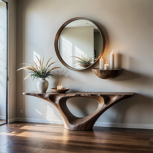 Modern walnut console table with hollow sculptural base