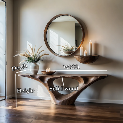 Unique walnut console table with hollow wood base