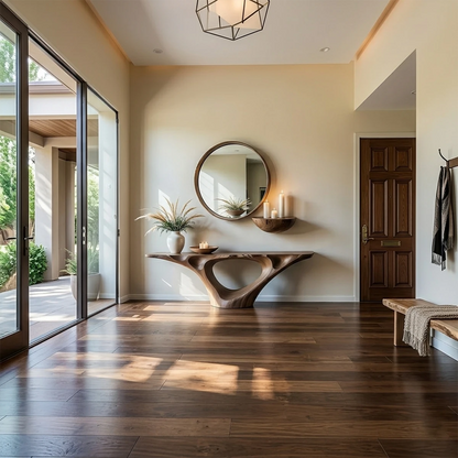 Minimal walnut console table with circular hollow base
