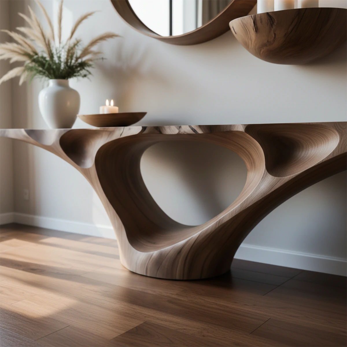 Contemporary walnut console table with artistic base design