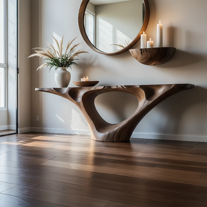 Luxury walnut console table with hollow wood pedestal