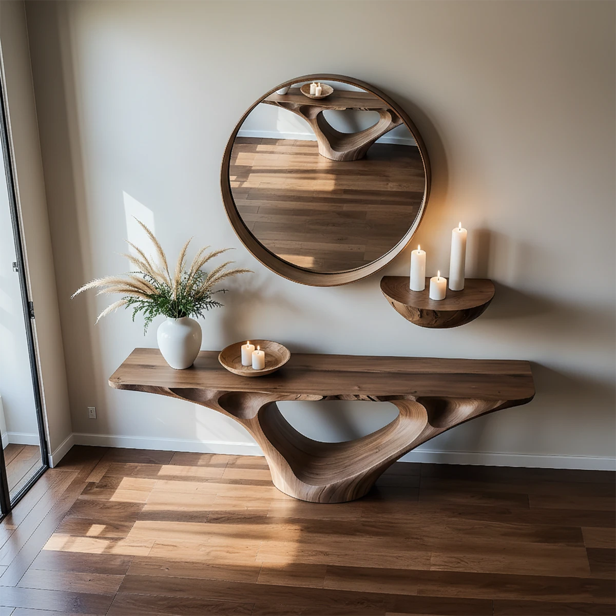 Designer walnut console table with sculptural wood base