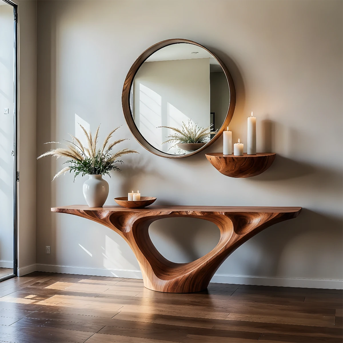 Minimal walnut console table with organic hollow structure