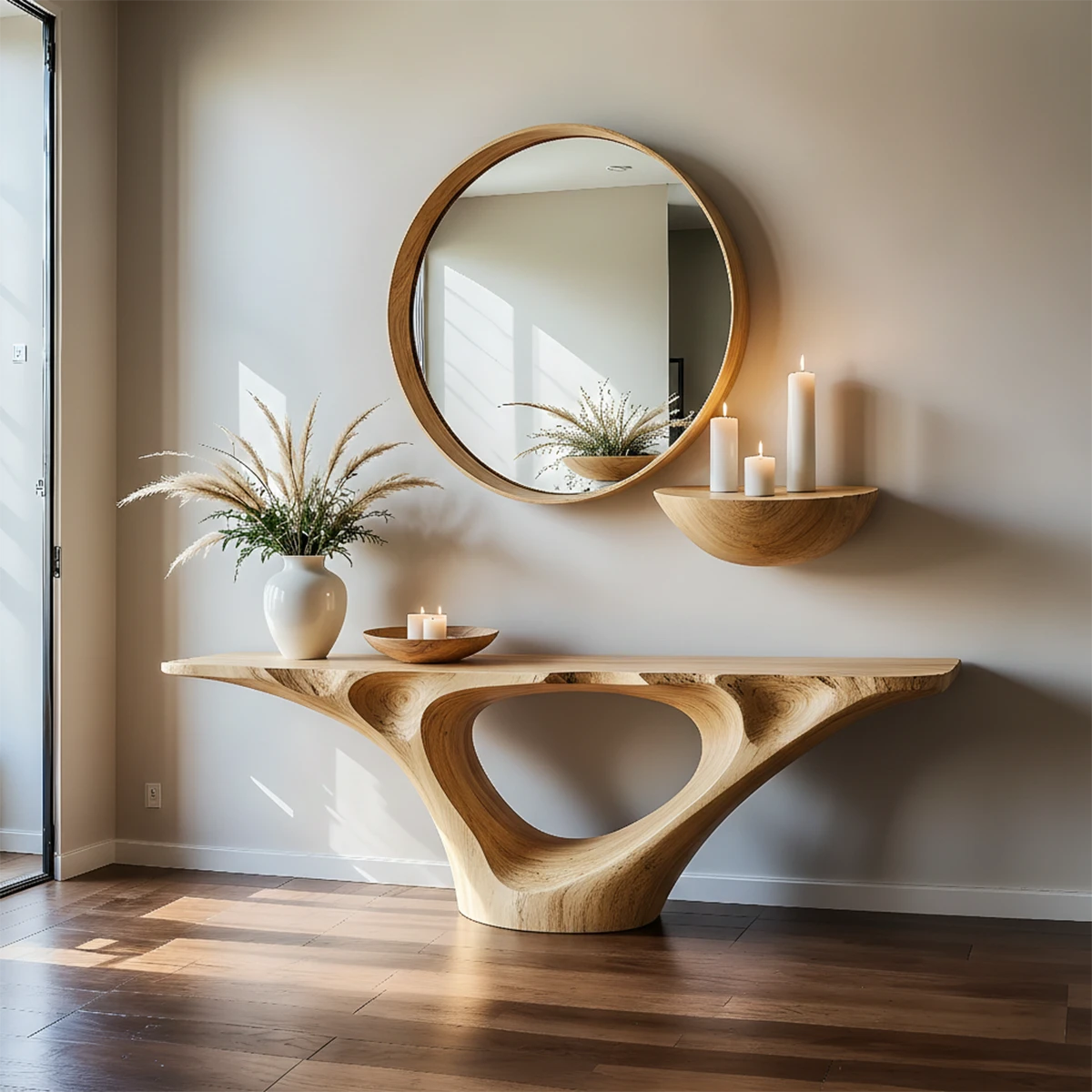 Handcrafted walnut console table with curved base form