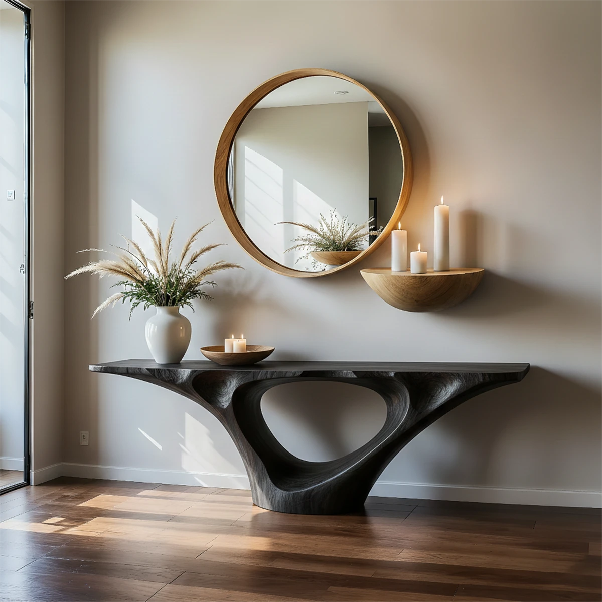 Solid walnut console table with sculptural pedestal base