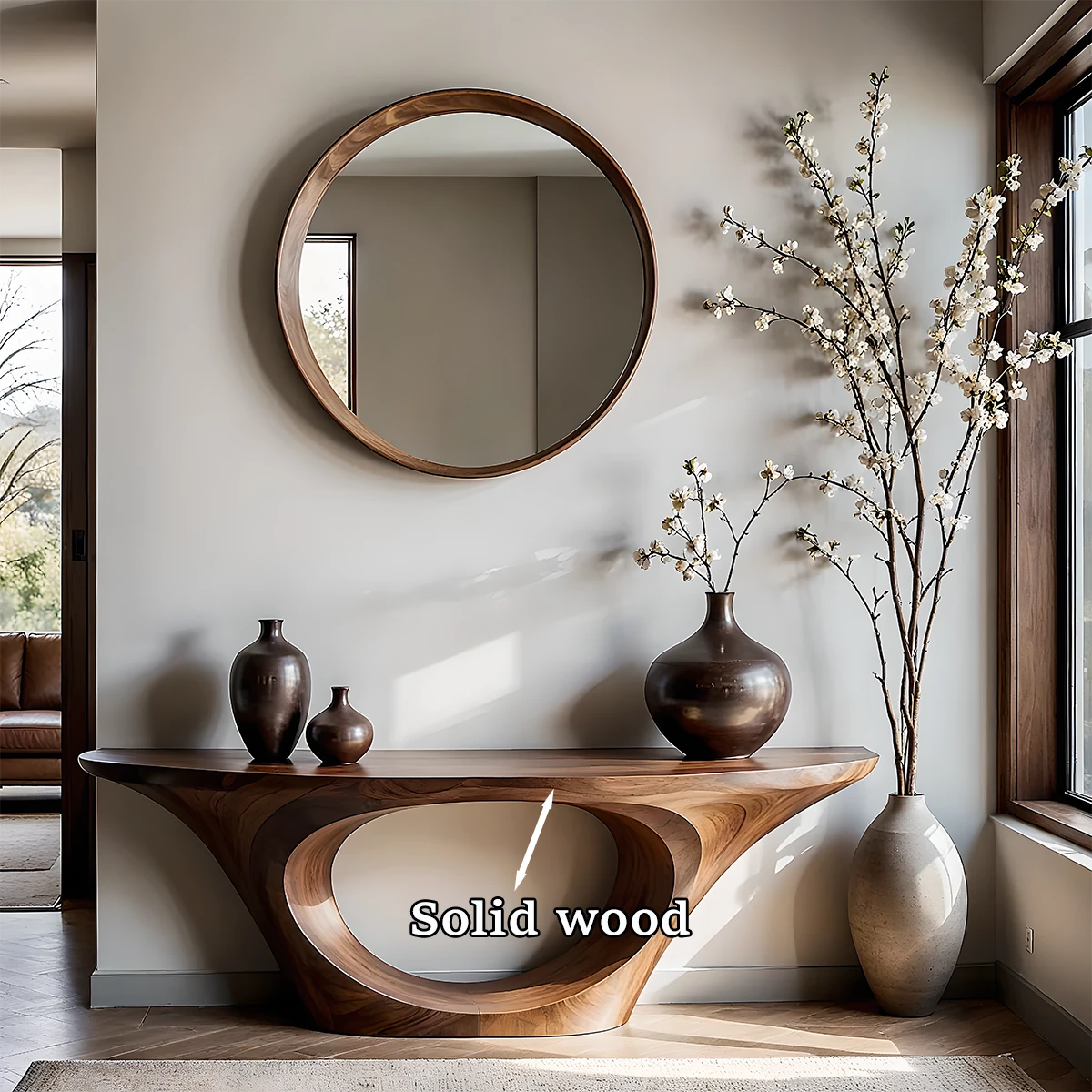 Handcrafted walnut console table with oval frame base
