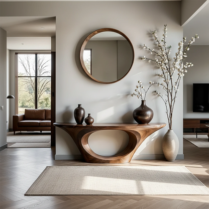 Contemporary walnut console table with hollow center