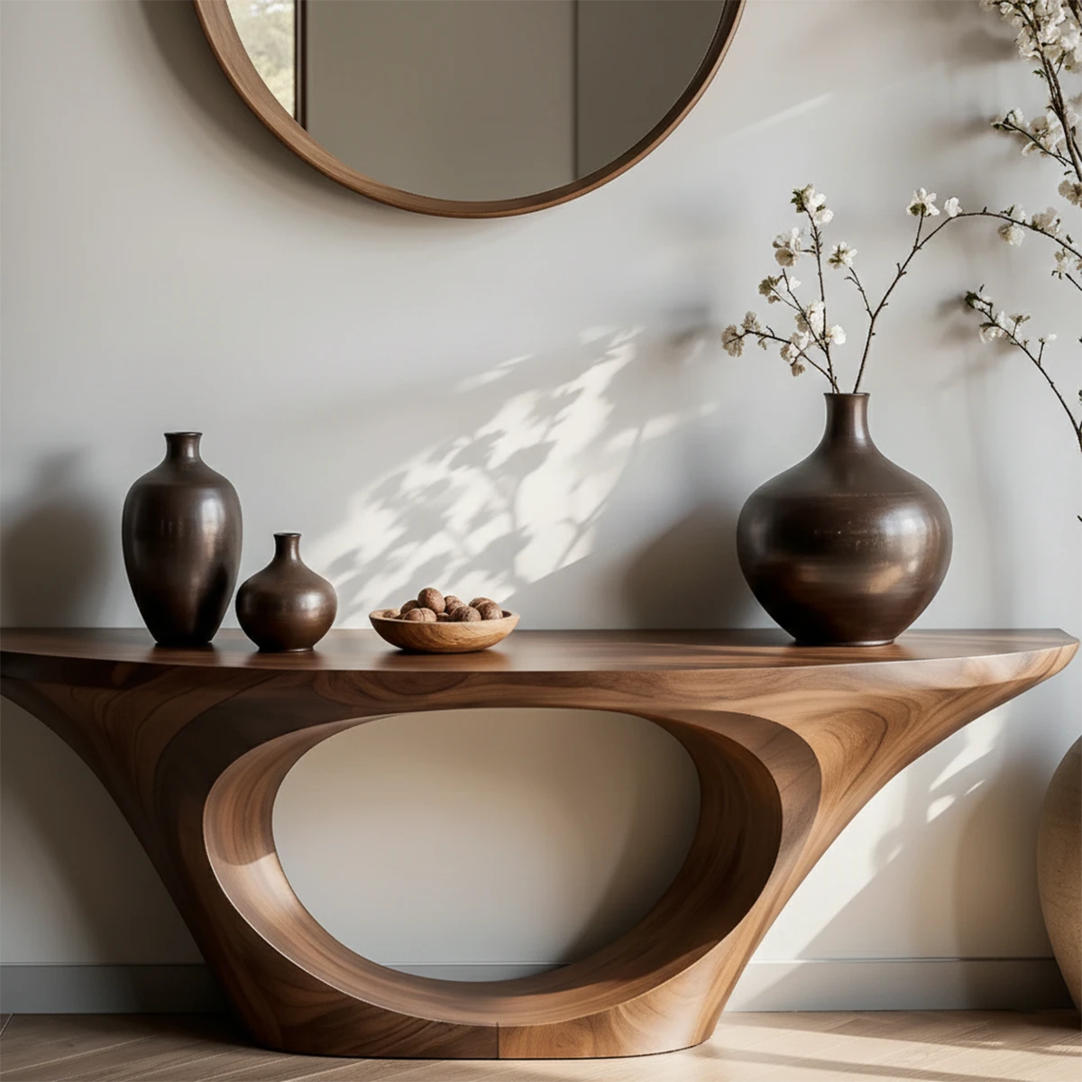 Sculpted walnut console table with oval opening base