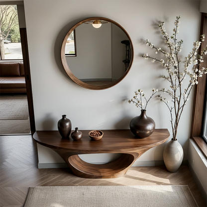Minimal walnut console table with oval wood base