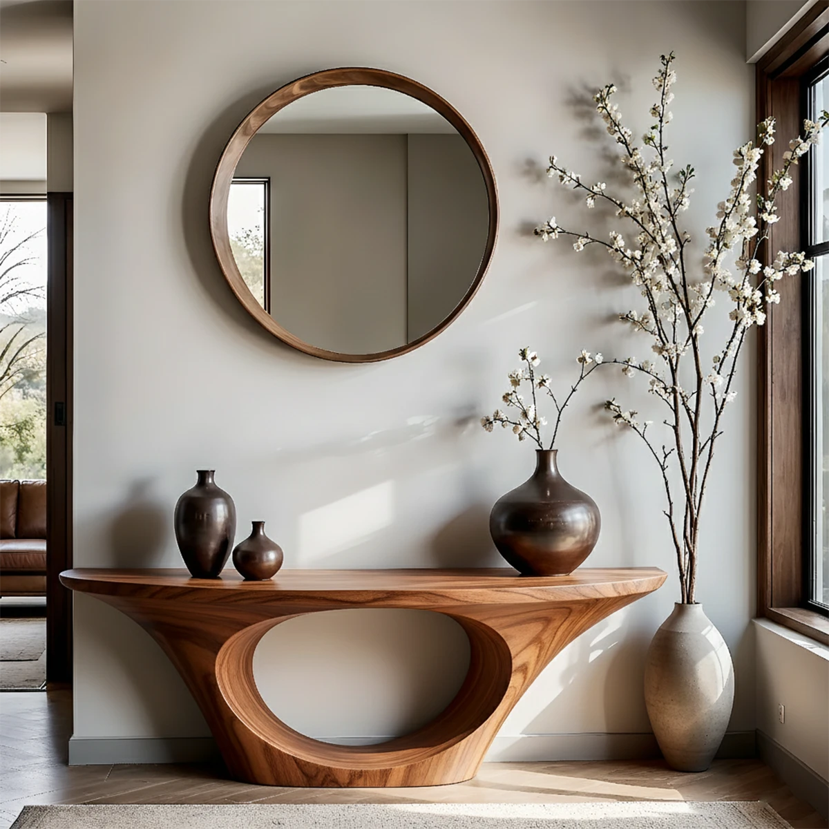 Designer walnut console table with center cutout