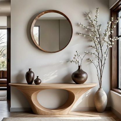 Luxury walnut console table with oval pedestal base