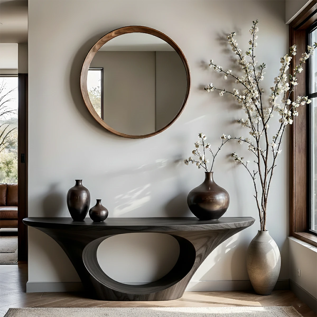 Unique walnut console table with hollow wood structure