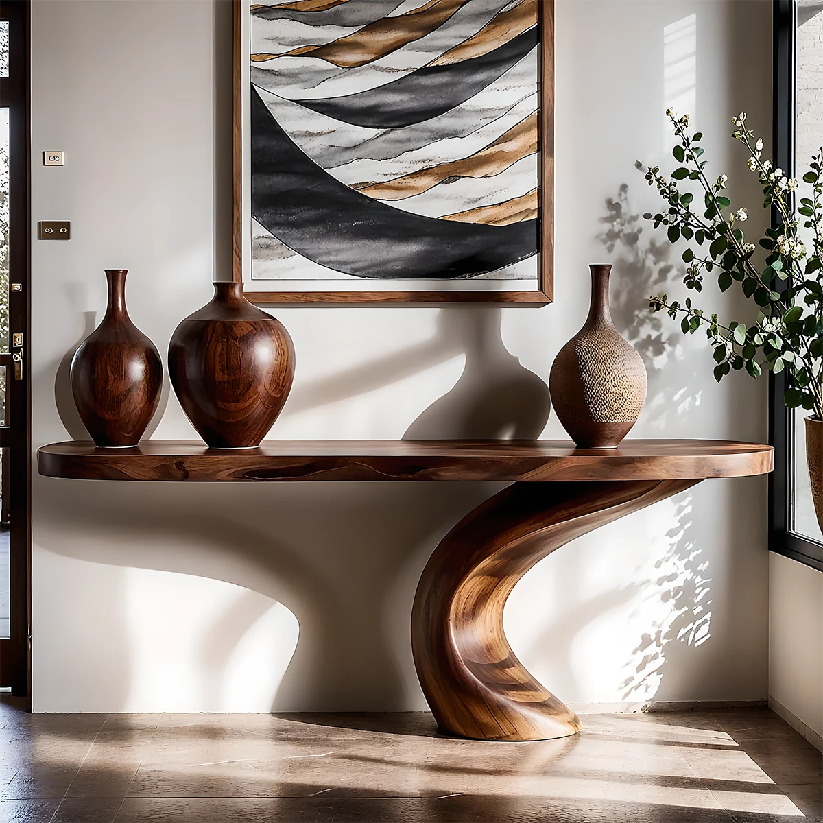Modern walnut console table with S curve base