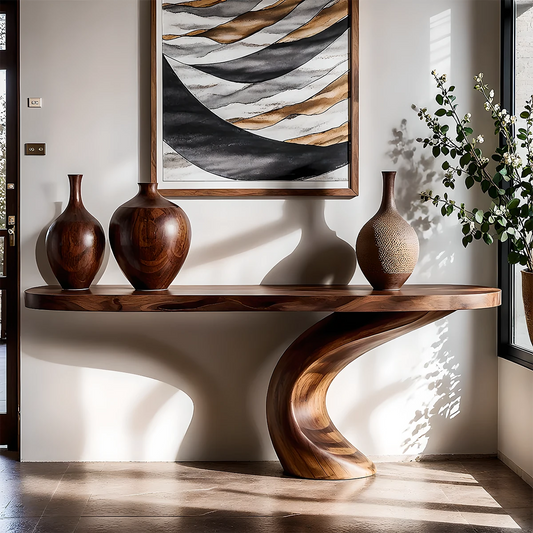Modern walnut console table with S curve base