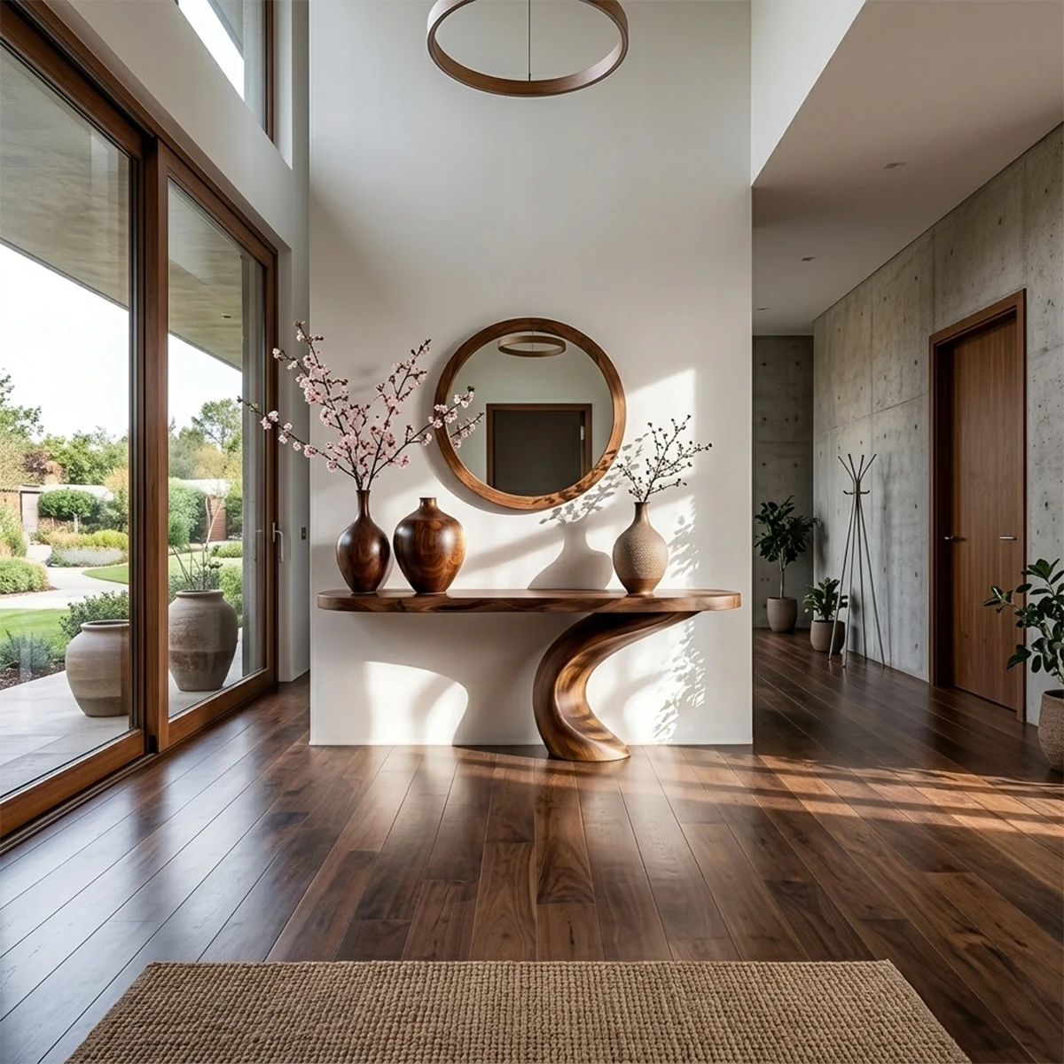 Elegant walnut console table with S shape pedestal