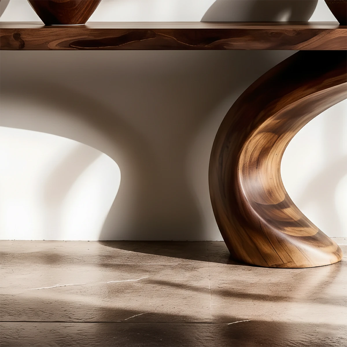 Contemporary walnut console table with curved wood base