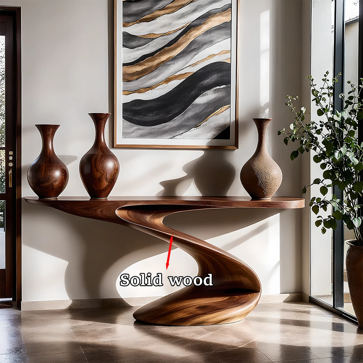 Unique walnut console table with flowing ribbon base