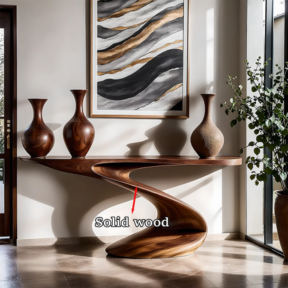 Unique walnut console table with flowing ribbon base