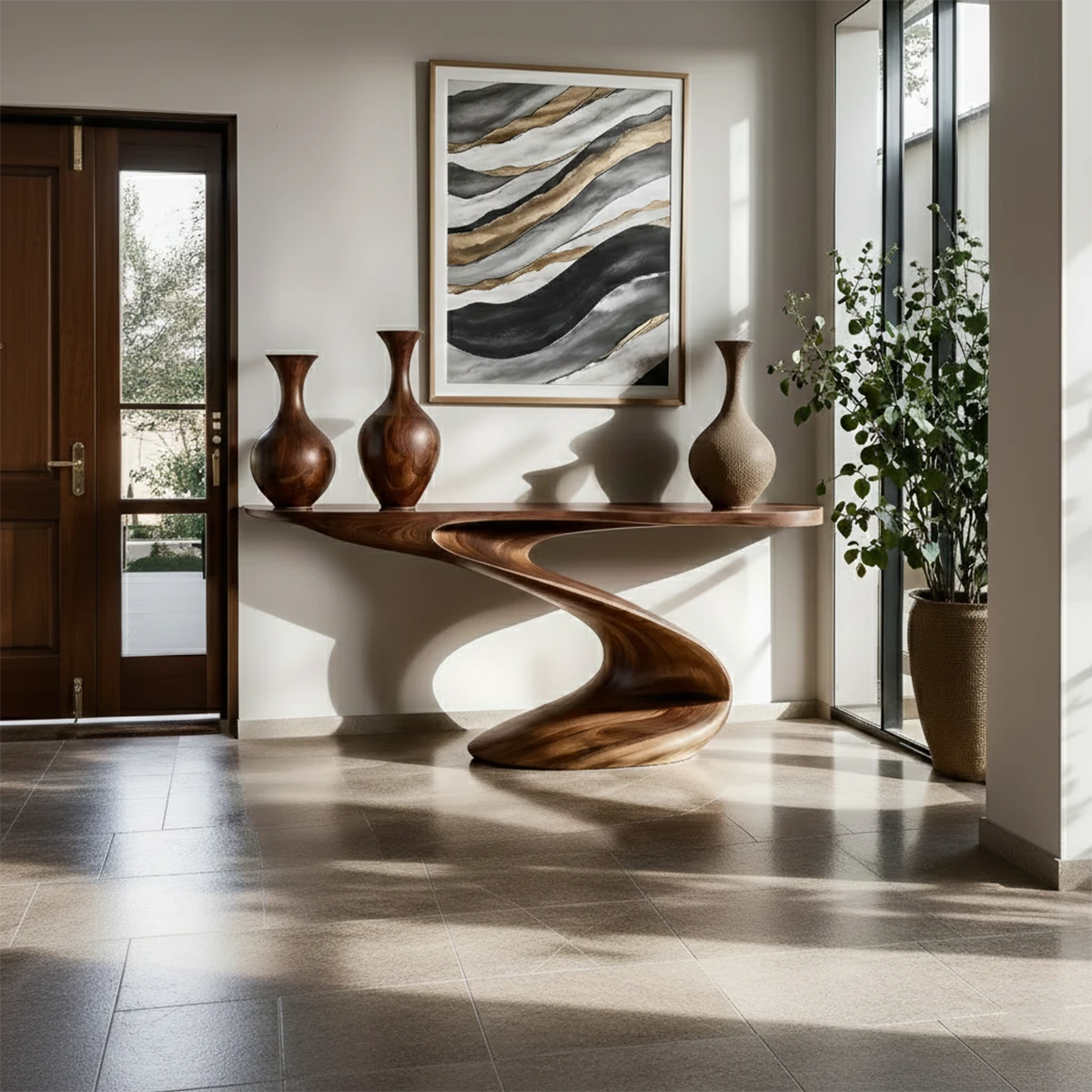 Modern walnut console table with spiral ribbon base