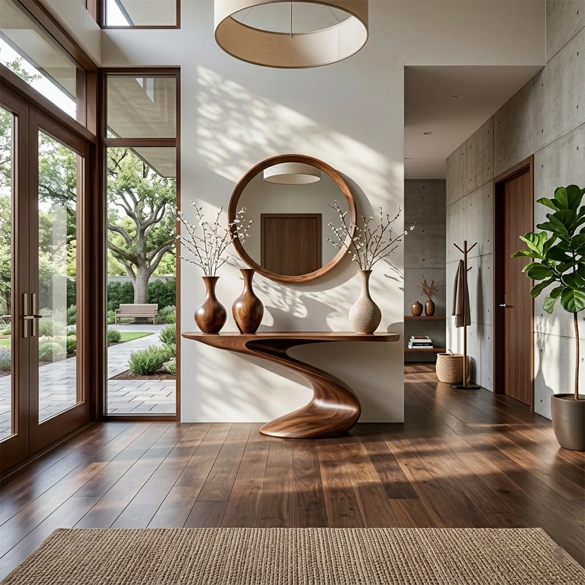 Sculptural walnut console table with spiral wood base