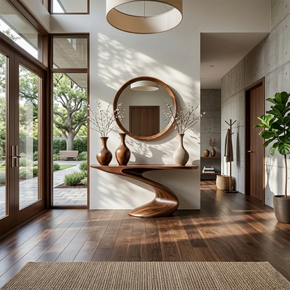 Sculptural walnut console table with spiral wood base