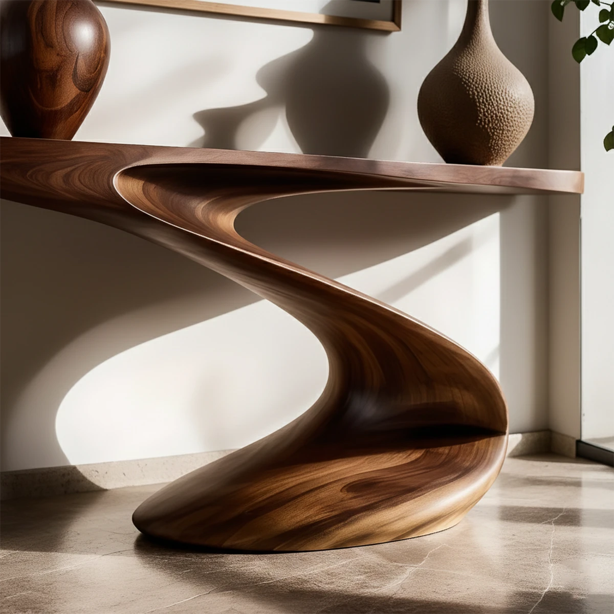 Elegant walnut console table with ribbon curve pedestal
