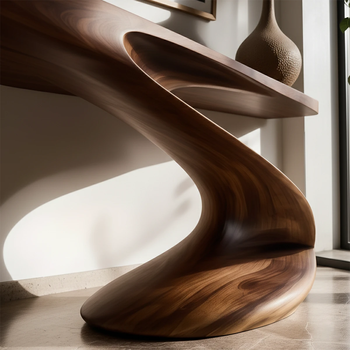 Contemporary walnut console table with spiral base design
