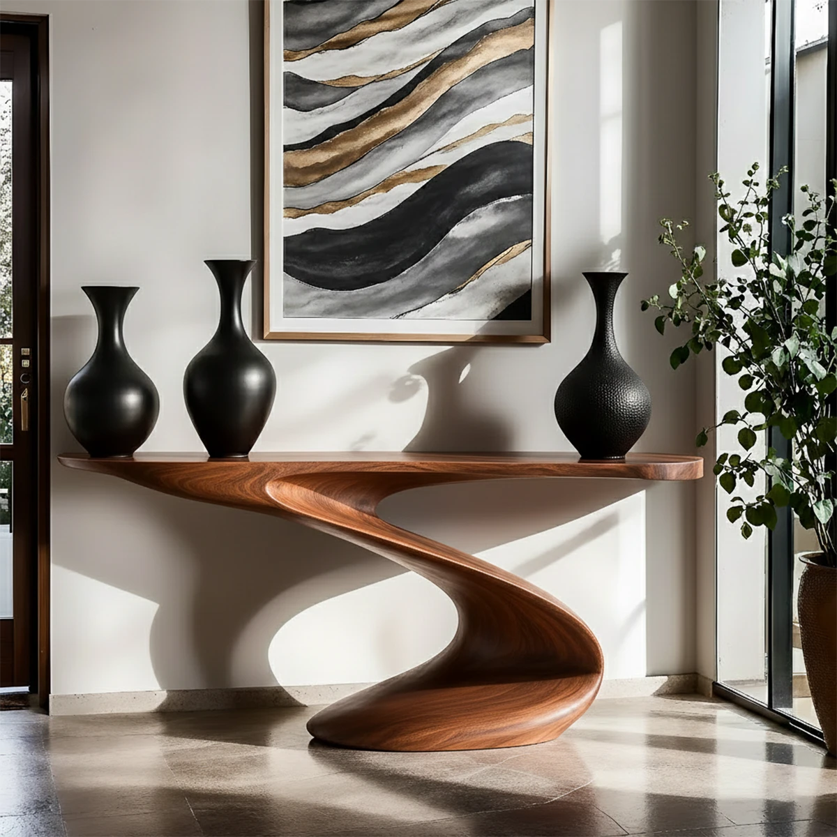 Luxury walnut console table with spiral pedestal base