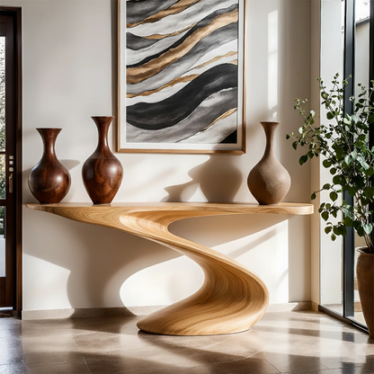 Designer walnut console table with ribbon shaped base