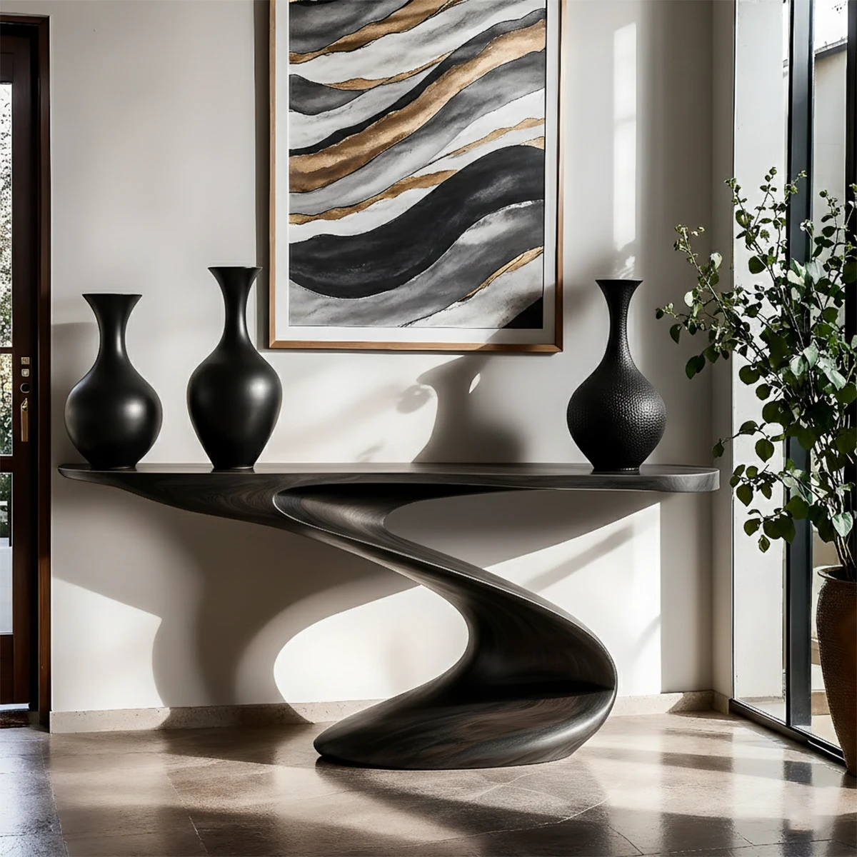 Minimal walnut console table with spiral wood structure