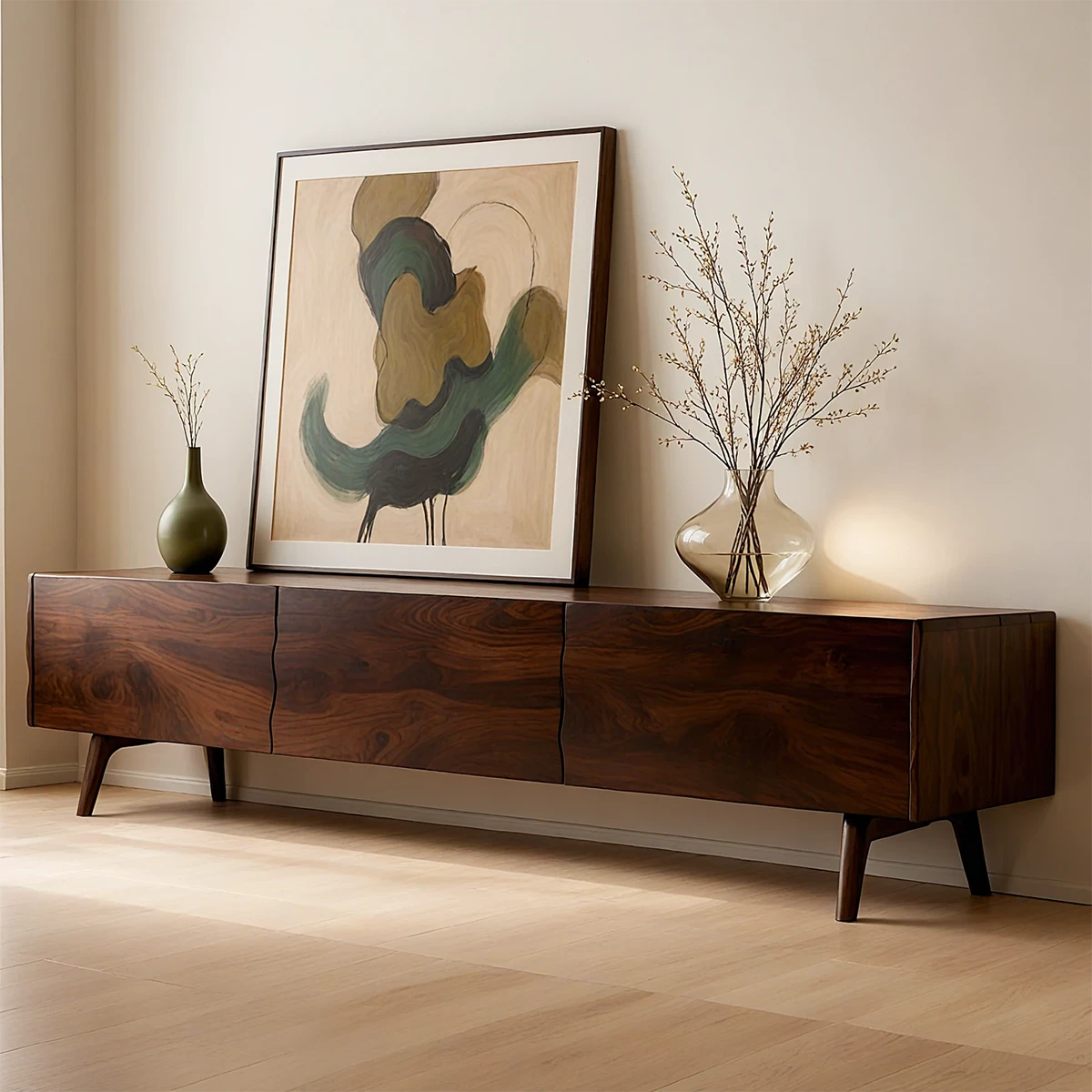 Walnut finish TV stand with organic grain front panels and clean lines in a modern living room