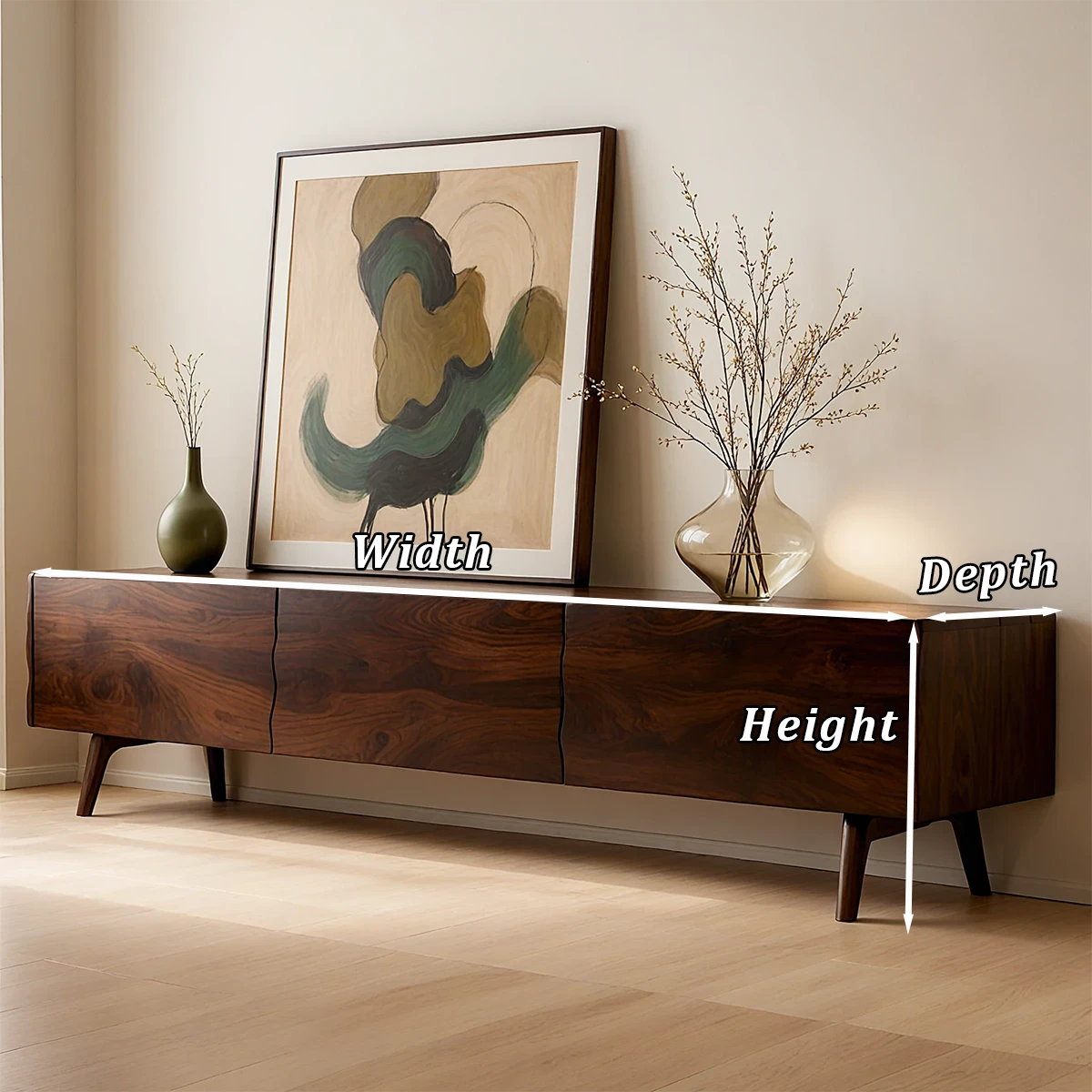 Walnut finish TV stand with low profile design and natural grain visual in a bright space