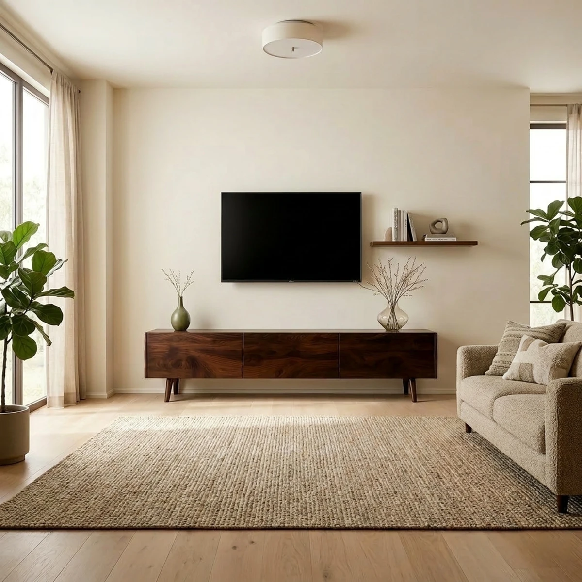 Modern TV stand in walnut finish with flowing grain pattern and low profile in a bright interior
