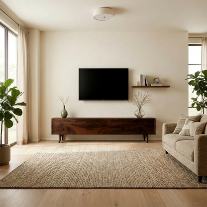 Modern TV stand in walnut finish with flowing grain pattern and low profile in a bright interior