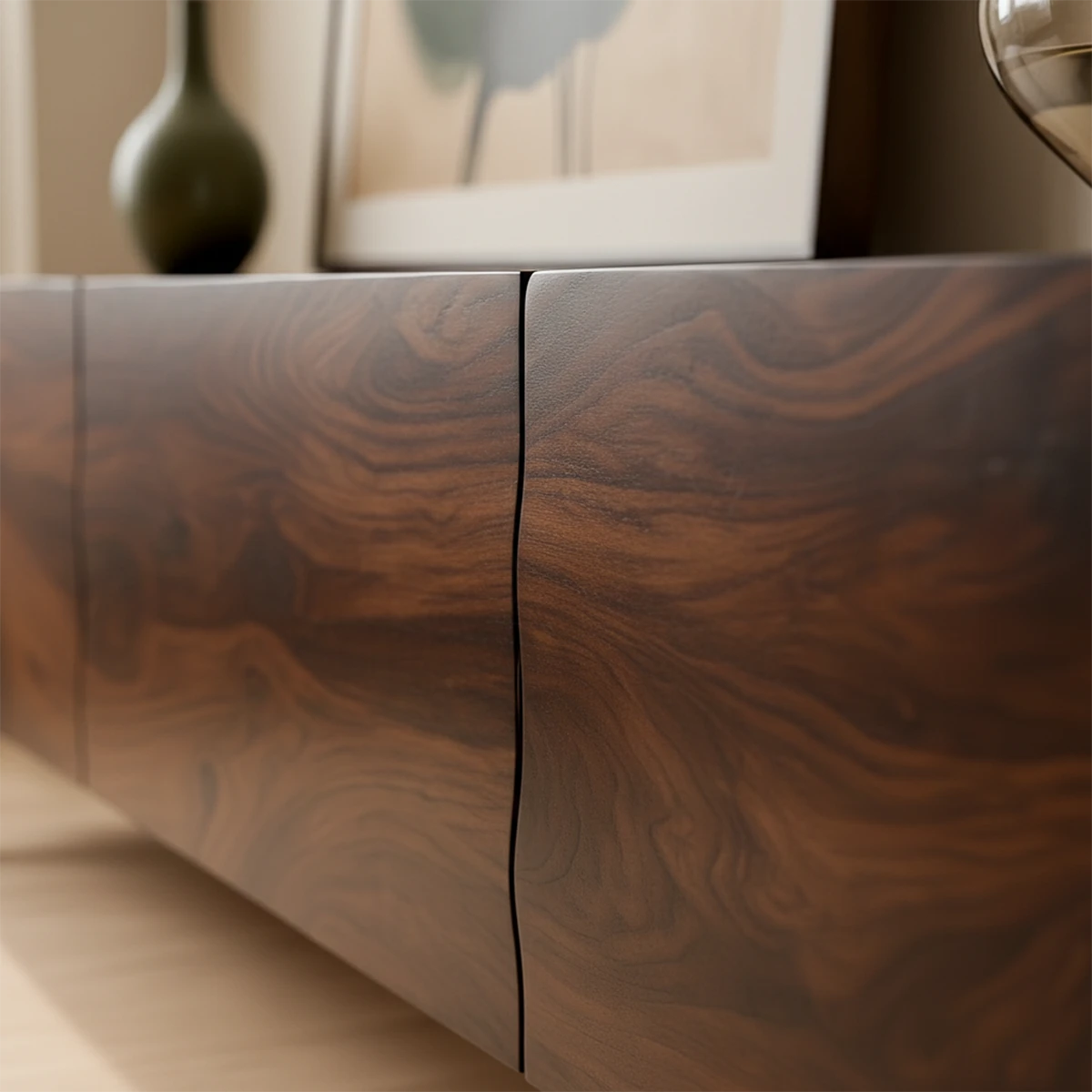 Walnut finish TV stand with smooth surface and natural grain detail in a minimalist living space
