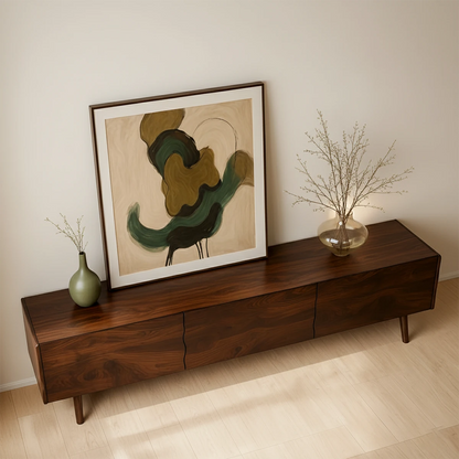 Walnut finish TV stand with rich grain texture and seamless cabinet design in a modern room