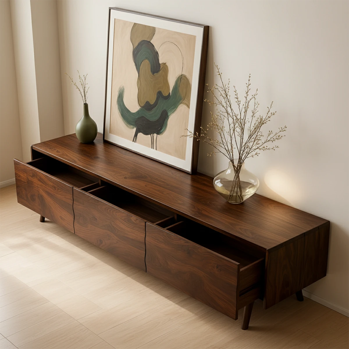 TV stand in walnut finish with organic grain look and clean silhouette in a neutral interior
