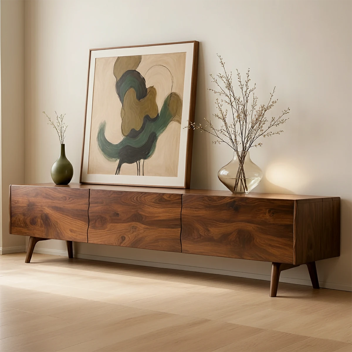 Brown finish TV stand with minimal form and flowing grain pattern in a contemporary setting