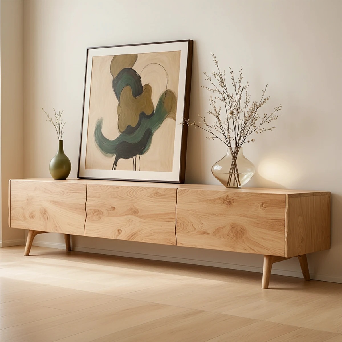 Modern TV stand with oak finish and soft grain texture in a warm minimalist living room