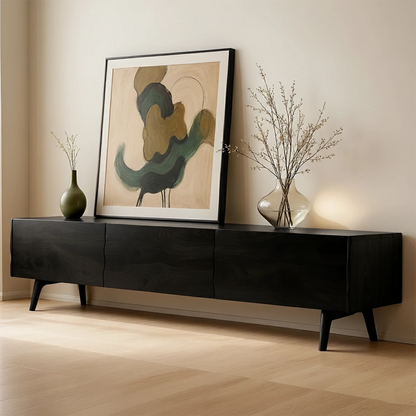 Black finish TV stand with low profile design and natural grain visual in a bright space