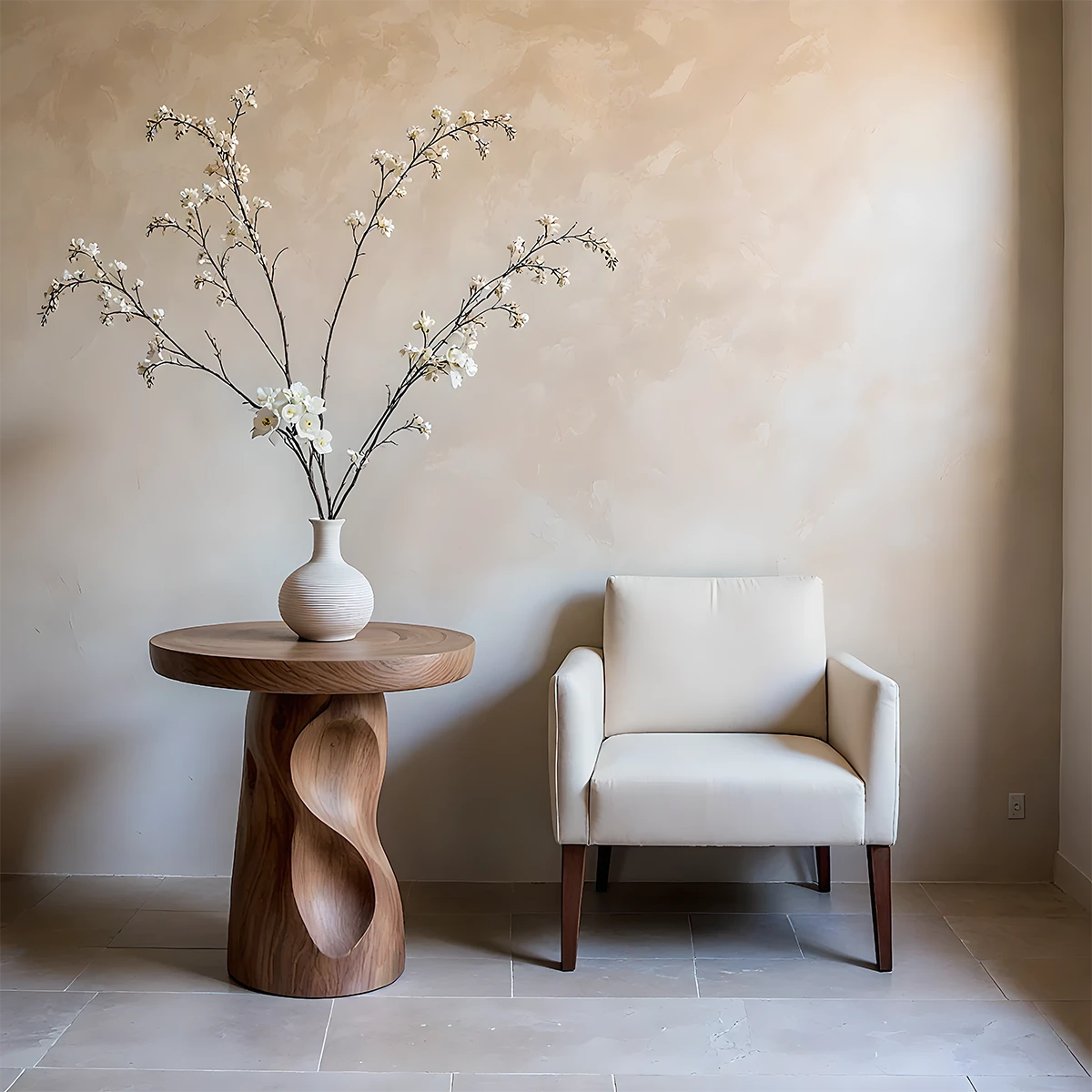 Walnut shade end table with sculptural curved base and open shelf for modern living room use