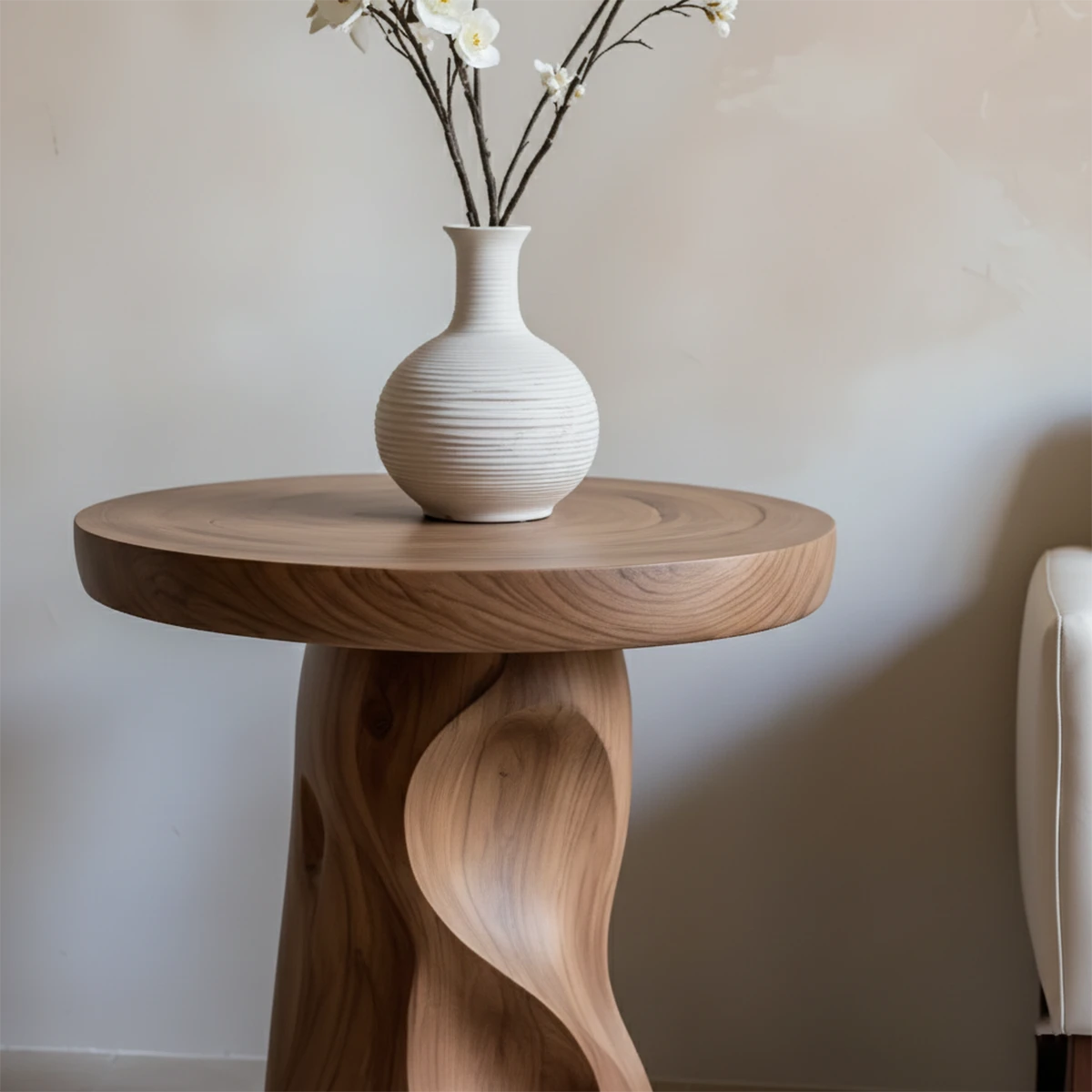 This walnut shade accent table showcases a rounded silhouette and practical display surface