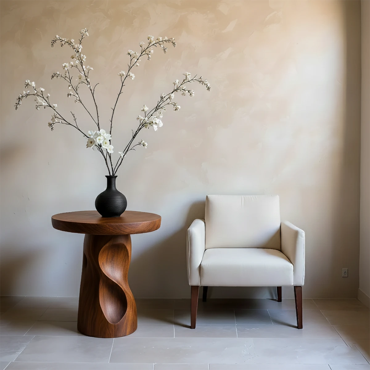 Featuring a brown shade side table with sculptural base and open shelf for decor display