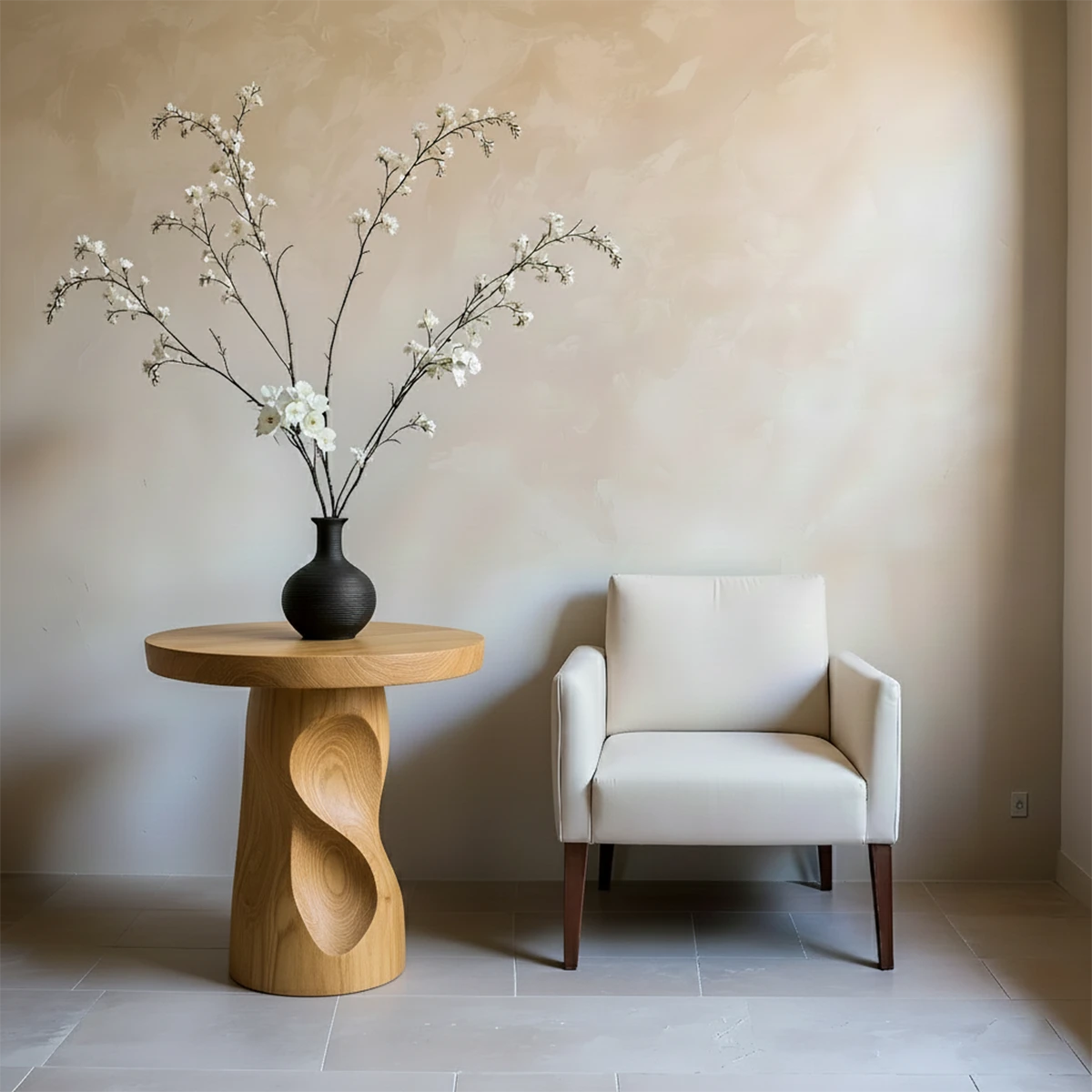 In a warm interior, the oak color end table highlights a smooth surface and refined look
