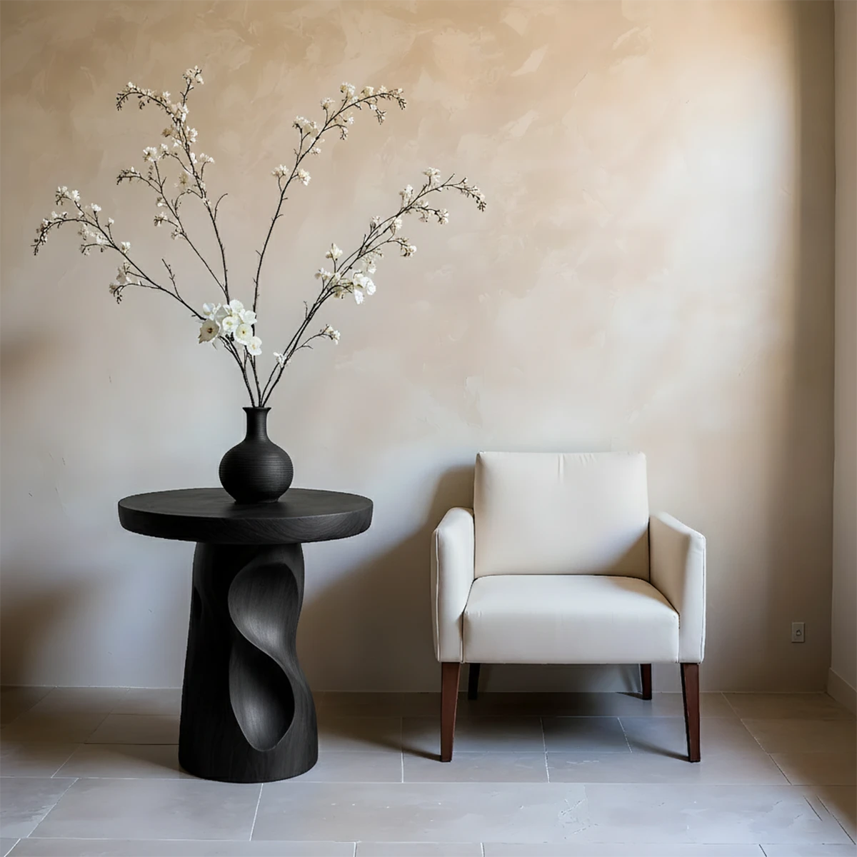 A small end table in black shade finish with curved form and compact functional layout