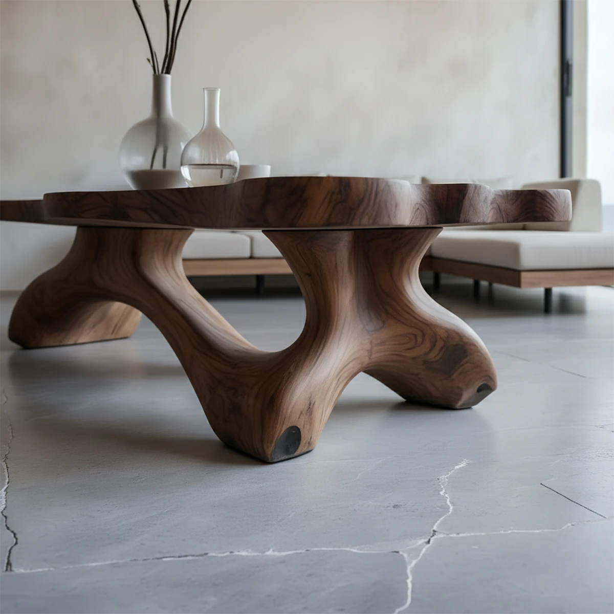 Modern coffee table with walnut style and organic base shape in a clean and calm living room environment